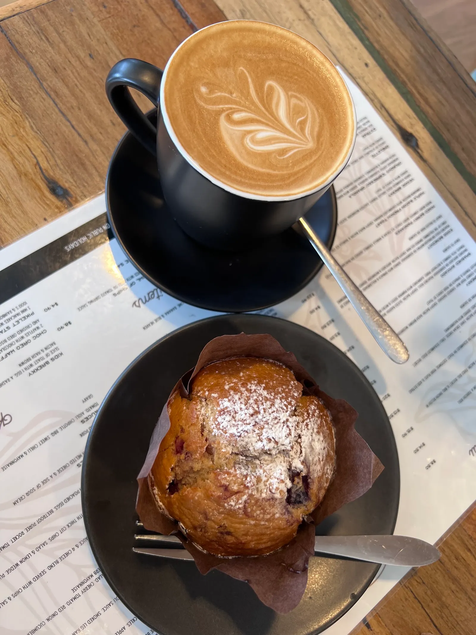 Overhead shot of latte art coffee and blueberry muffin on wooden table