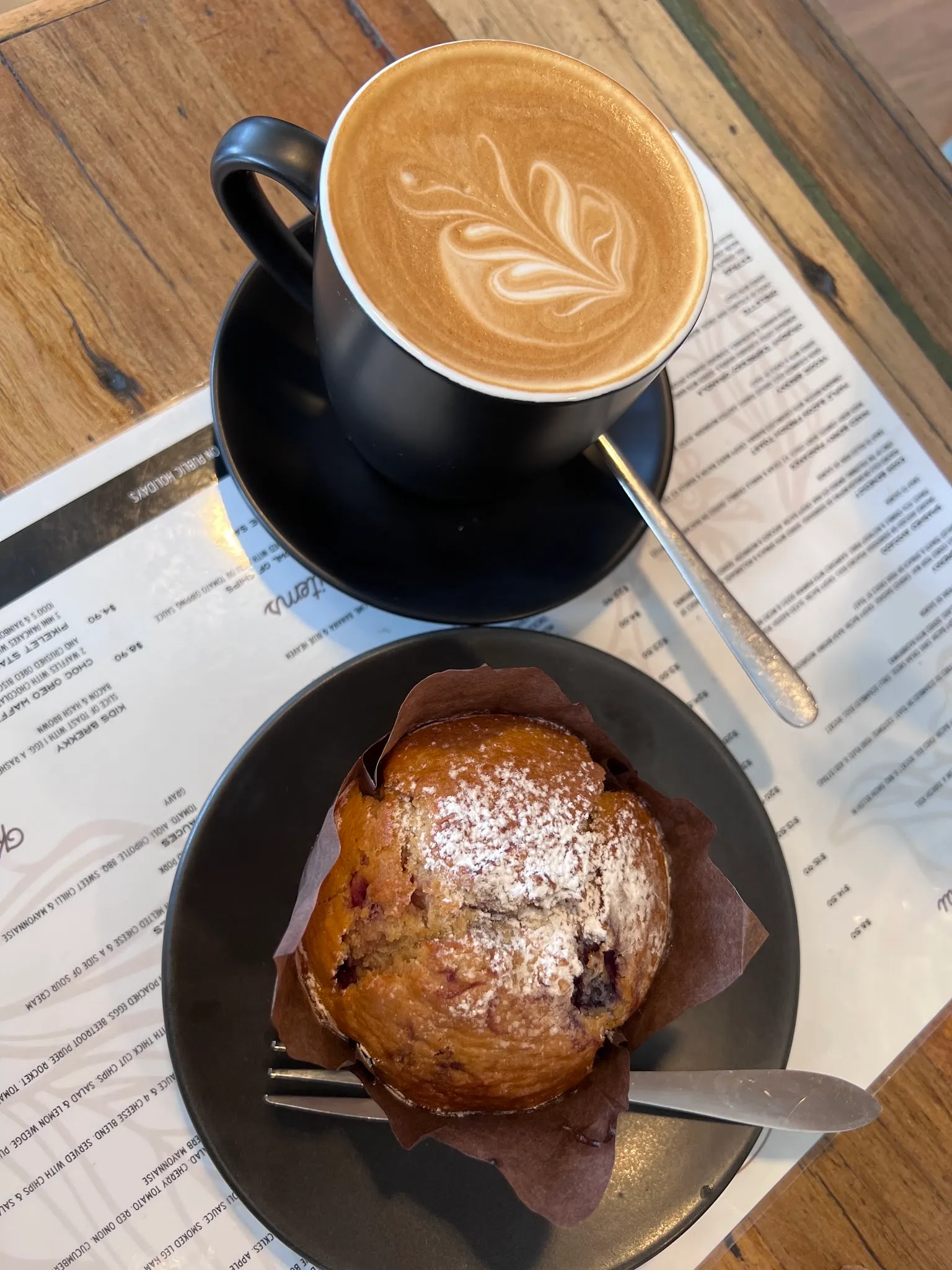 Overhead shot of latte art coffee and a blueberry muffin