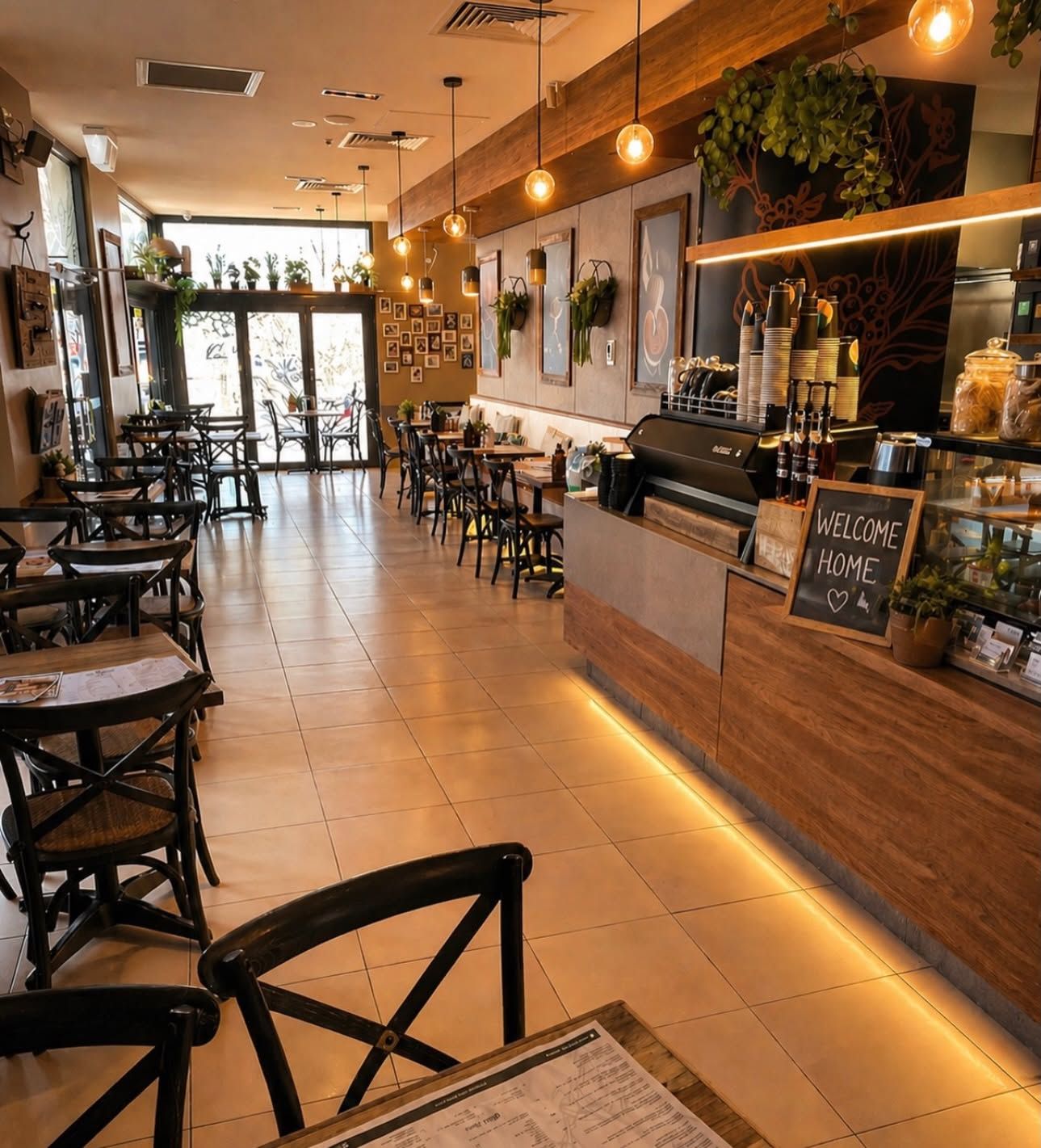 Warmly lit Homestead Cafe interior with counter and empty tables